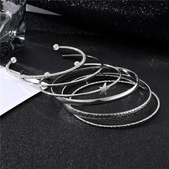 6 Silver Bangle Bracelets for Women, Multi Layer Stackable Cuff Bracelet Set, - Picture 5 of 8